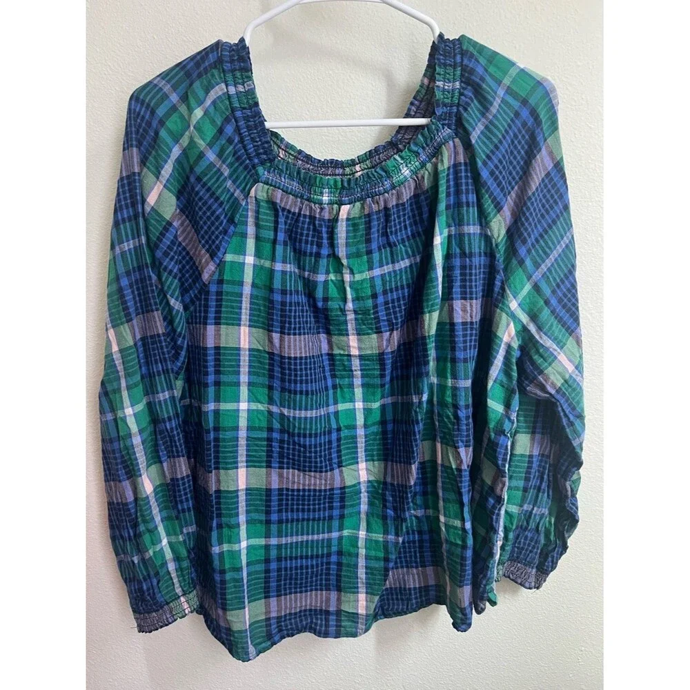 Old Navy Blue and Green Plaid Smocked-Neck Blouse